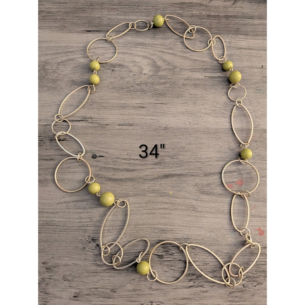 Long Silver Tone Mixed Link Necklace Sage Green Beads Geometric Circle Oval 34in